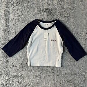 Atmos Ribbed Cropped Shirt Womens Medium White Navy 3/4 Raglan Sleeve Pullover